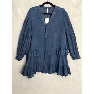 Free People Big Dipper Mini Dress Women's Medium Ruffle Long Sleeve Blue NEW